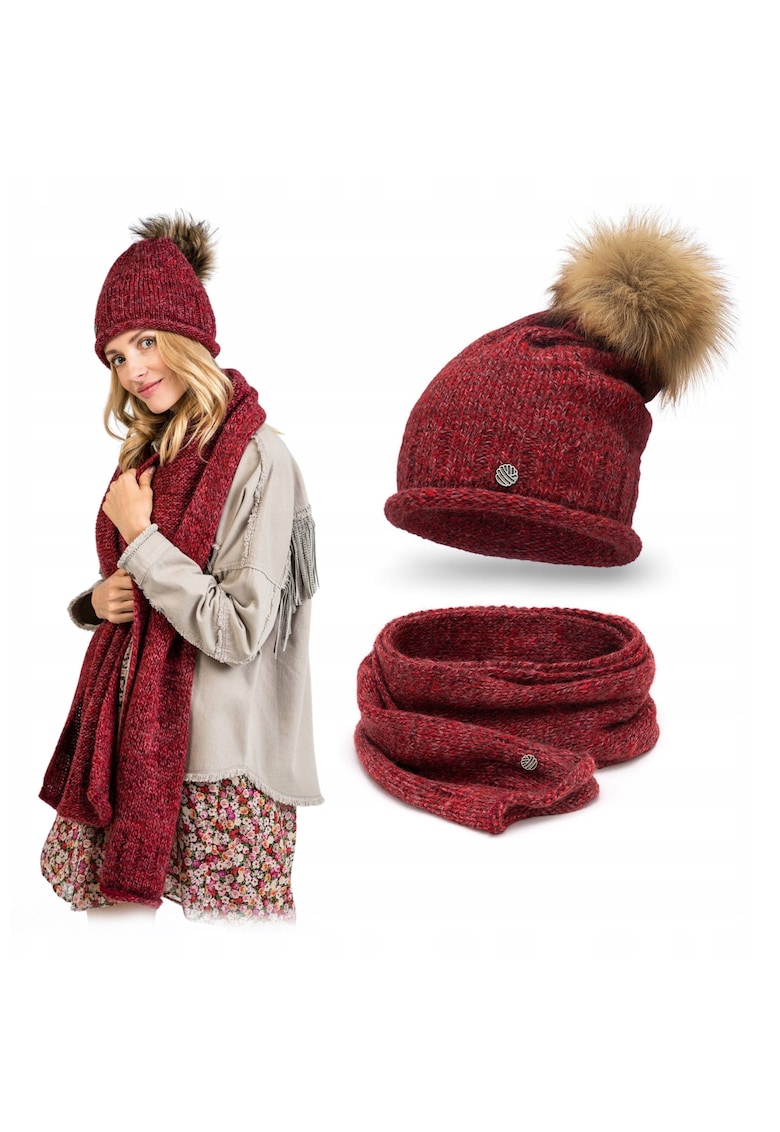 Set de iarna pentru femei - caciula Strumfita cu pompom - esarfa lunga - rosu - 70% acril - 20% mohair - 10% lana virgina