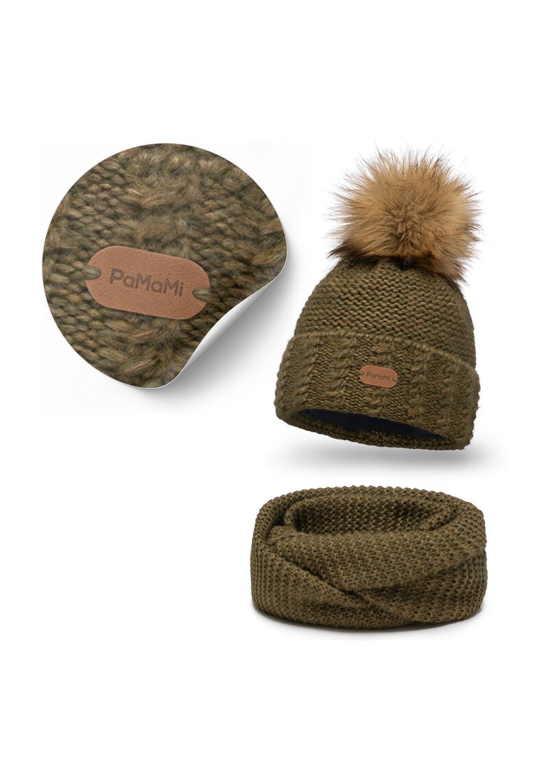 Set de iarna pentru femei - caciula verde cu guler rasucit - incalzitor dublu de gat -