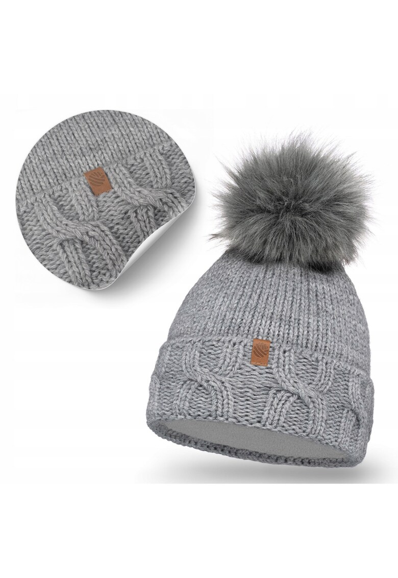 Caciula de iarna - gri - captuseala din fleece - pompom din blana - 55-58 cm - 24x23cm