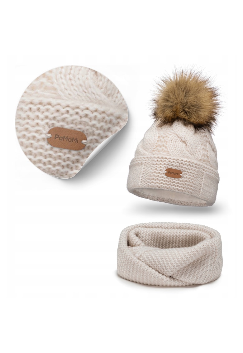 Set de iarna pentru femei - caciula din fleece cu guler rabatabil si incalzitor de gat - crem - dimensiune universala