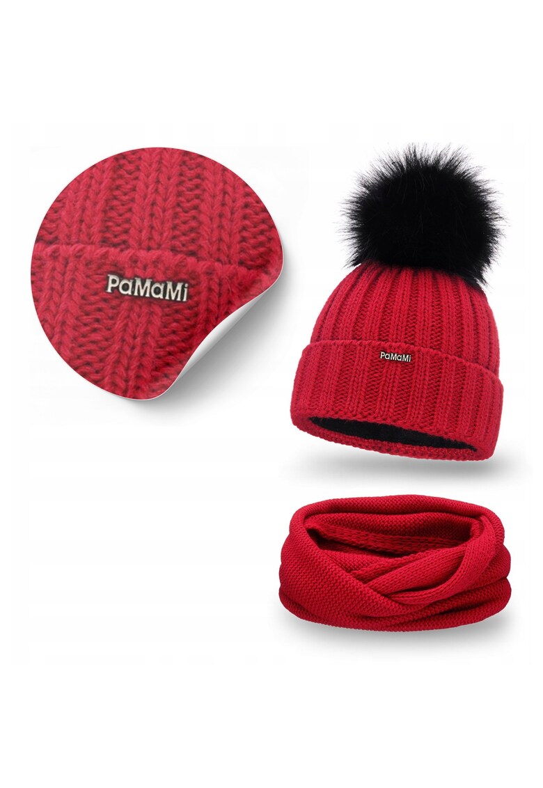 Set de iarna pentru femei - caciula cu pompon si esarfa calda - rosie -