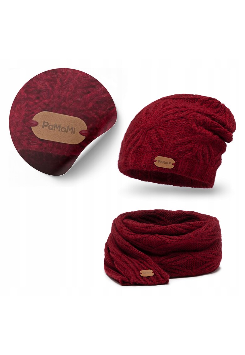 Set de dama caciula Strumfita si esarfa - 75% lana merinos - culoare bordo - marime universala