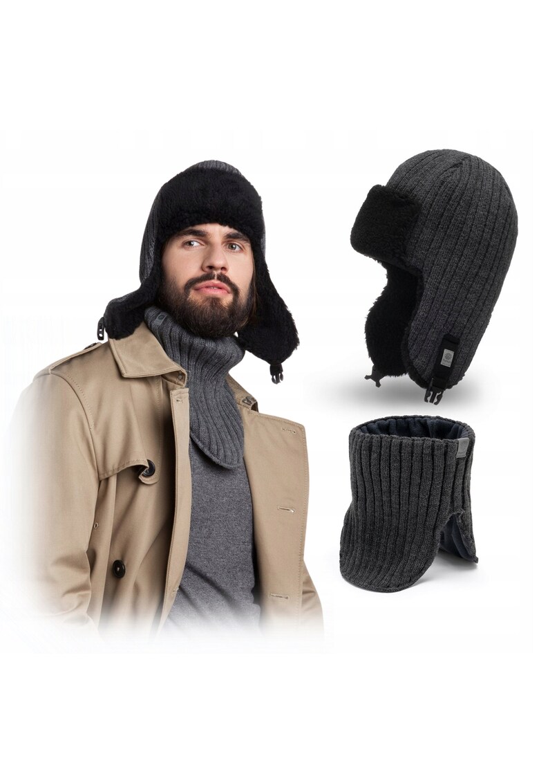 Set de iarna barbati - caciula cu aparatori pentru urechi si incalzitor de gat - grafit -