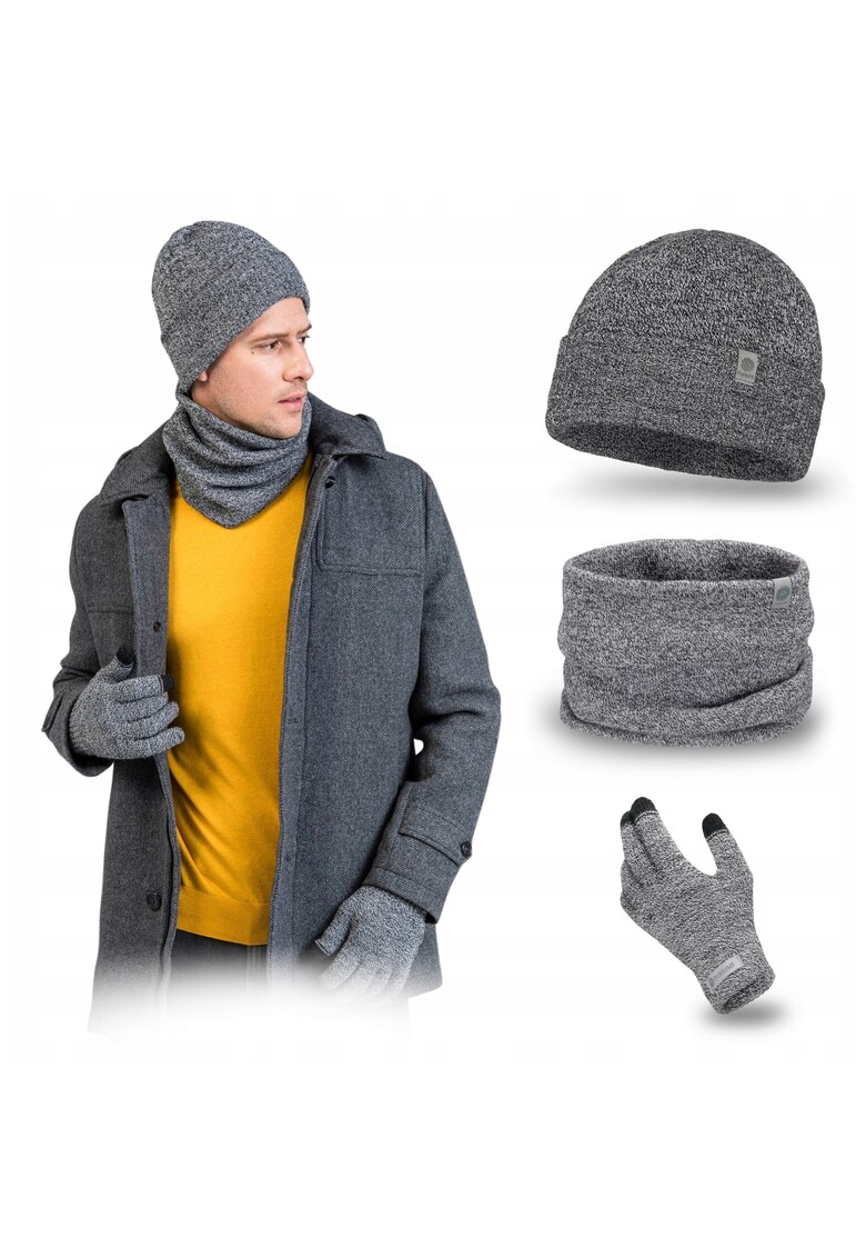 Set de iarna barbati - caciula - incalzitor de gat - manusi - gri deschis - marime universala
