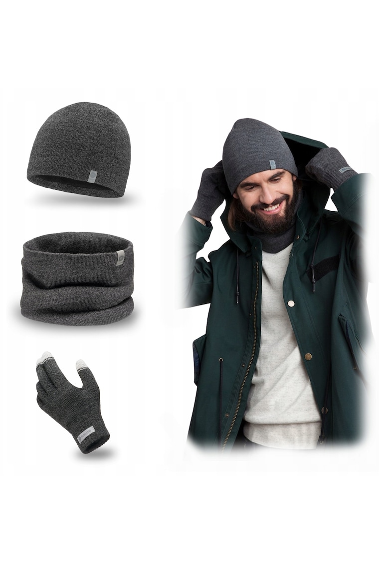 Set de iarna caciula - esarfa si manusi cu ecran tactil - gri inchis - dimensiuni caciula 22 - 5x24cm - circumferinta 56-60cm