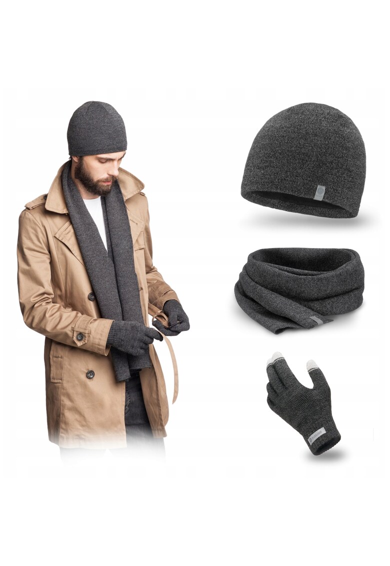 Set de iarna barbatesc - gri inchis - caciula - esarfa - manusi - material acril -