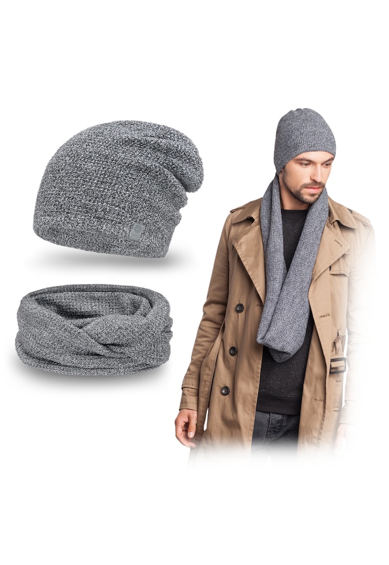 Set de iarna pentru barbati - caciula strumfita gri deschis - esarfa - 100% acril -