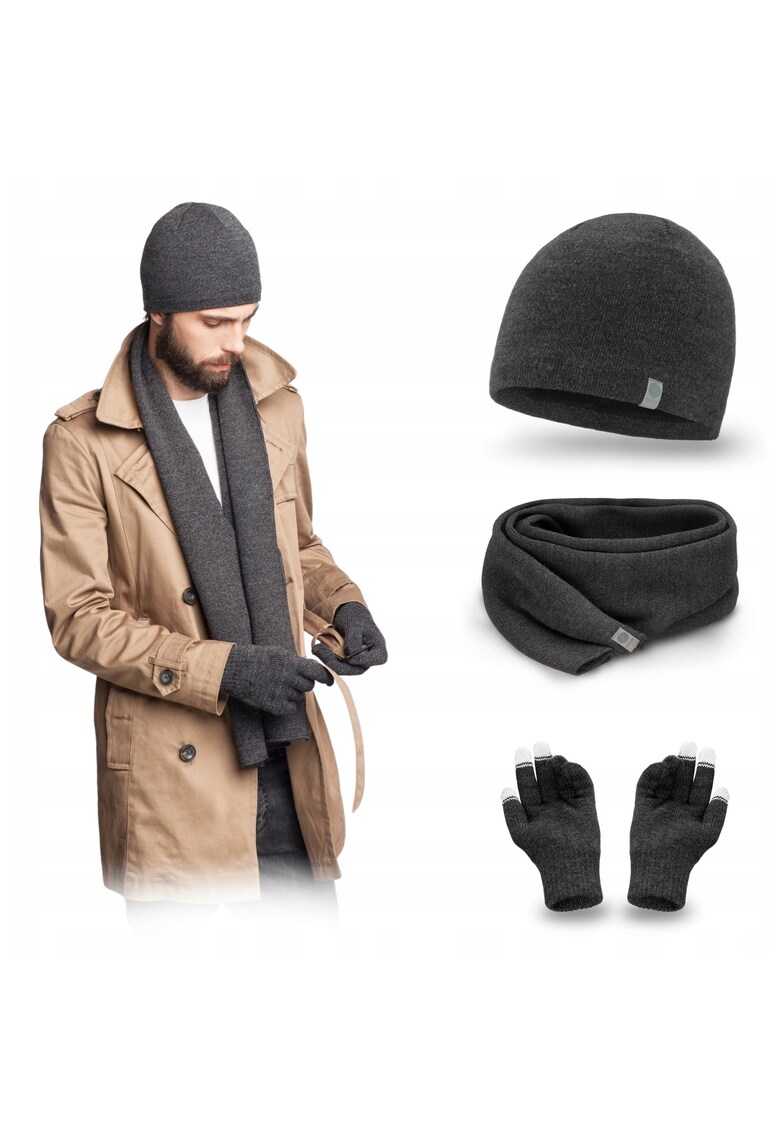 Set de iarna barbati - caciula - esarfa - manusi - gri inchis - 100% acrilic - dimensiuni caciula 24x23cm - dimensiuni esarfa 160x23cm