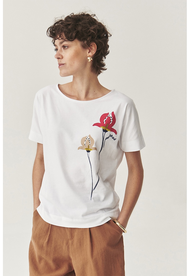 Tricou de bumbac cu decolteu rotund si design floral