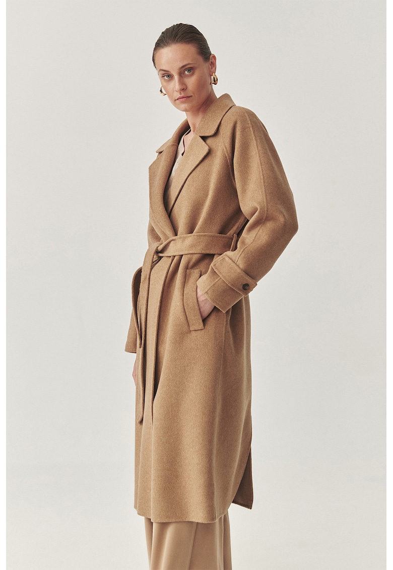 Palton lung din amestec de lana cu cordon in talie