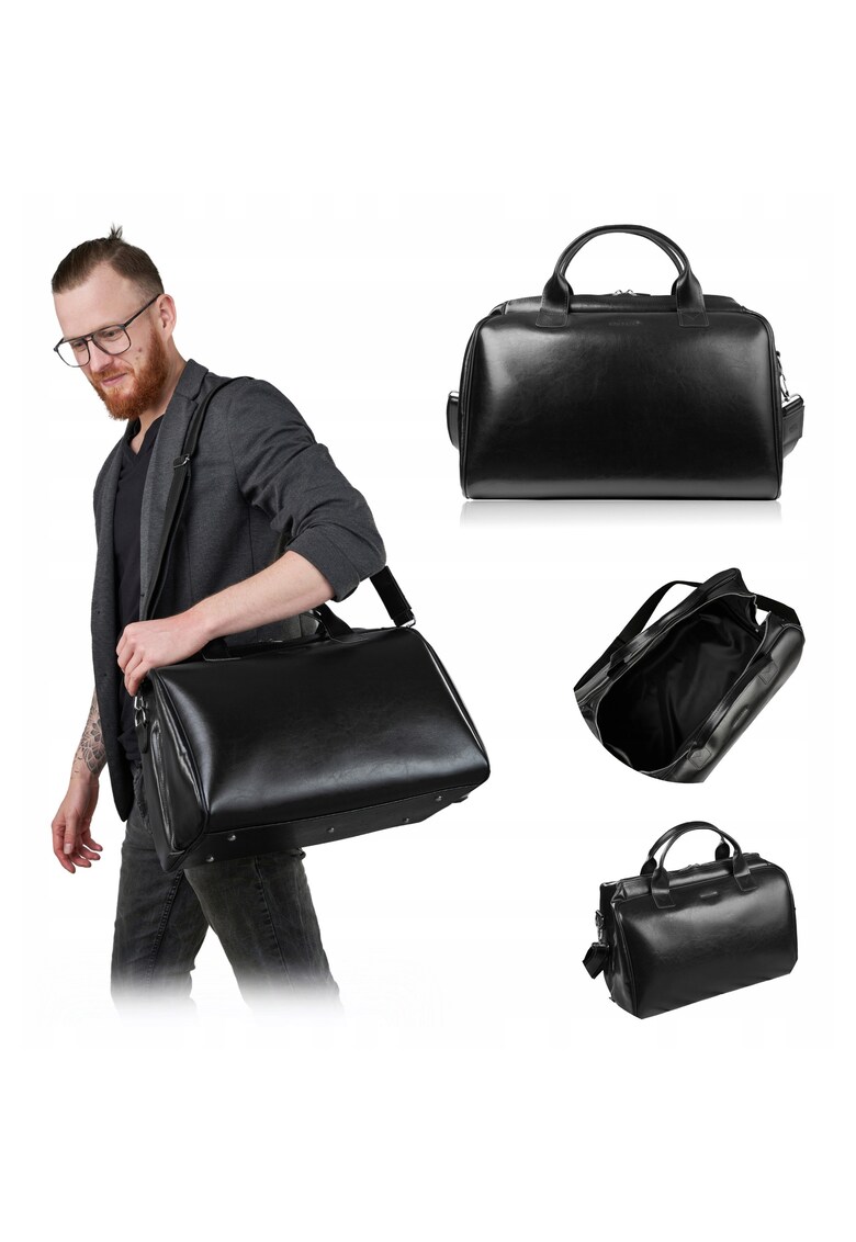 Geanta de voiaj - Brødrene - R40 - Negru - Piele naturala de inalta calitate - Eleganta - Practica - Manere confortabile - Curea de umar reglabila - Spatioasa - Functionala - Productie poloneza - Manere solide - Fermoar metalic dublu - Design universal -