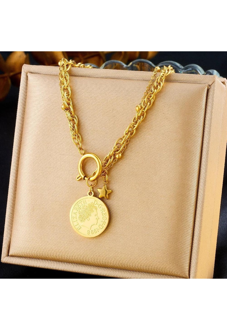 Colier din otel inoxidabil - placat cu aur 18k - cu zale si pandantiv Einara C2