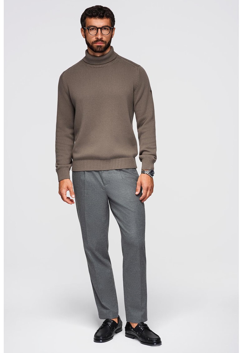 Pulover din bumbac cu guler inalt si model uni - Maro taupe