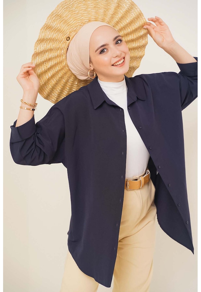Camasa dama din bumbac - croiala lejera - Albastru marin -