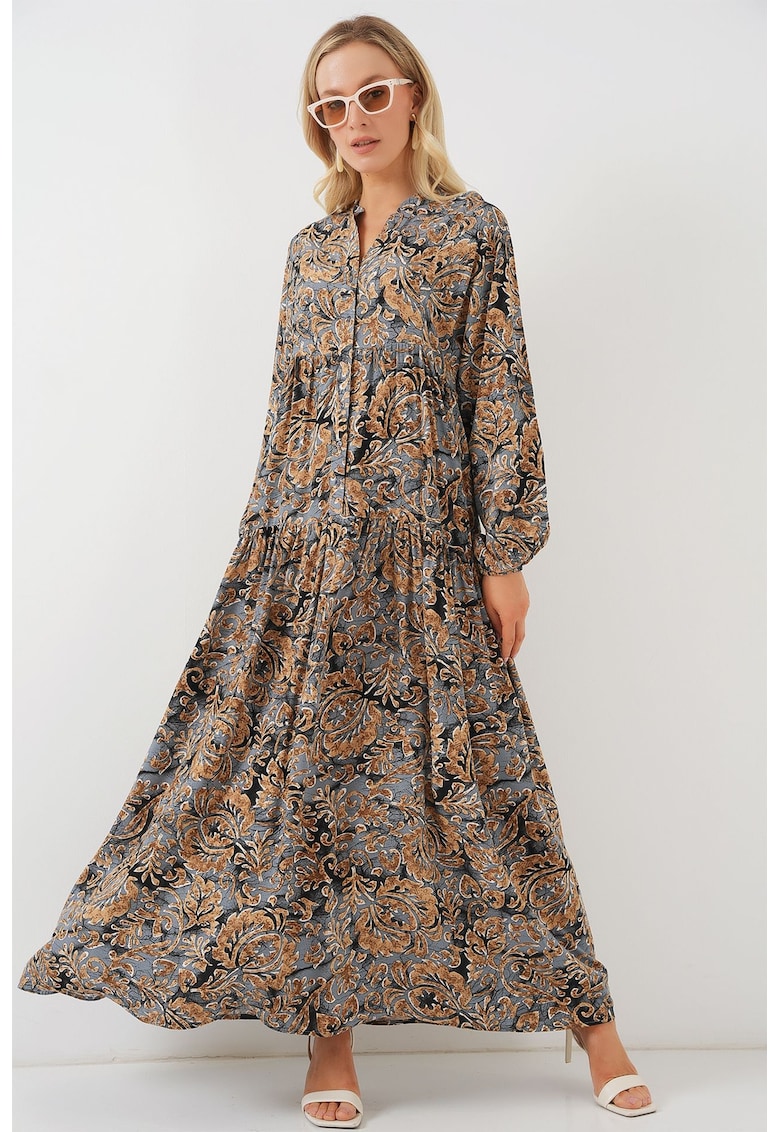 Rochie Maxi HiCCUP - Imprimata - Decolteu in V - Gri deschis - Textil