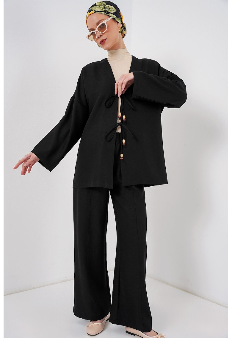 Set dama - cardigan texturat cu decolteu in V si pantaloni largi - negru - textil