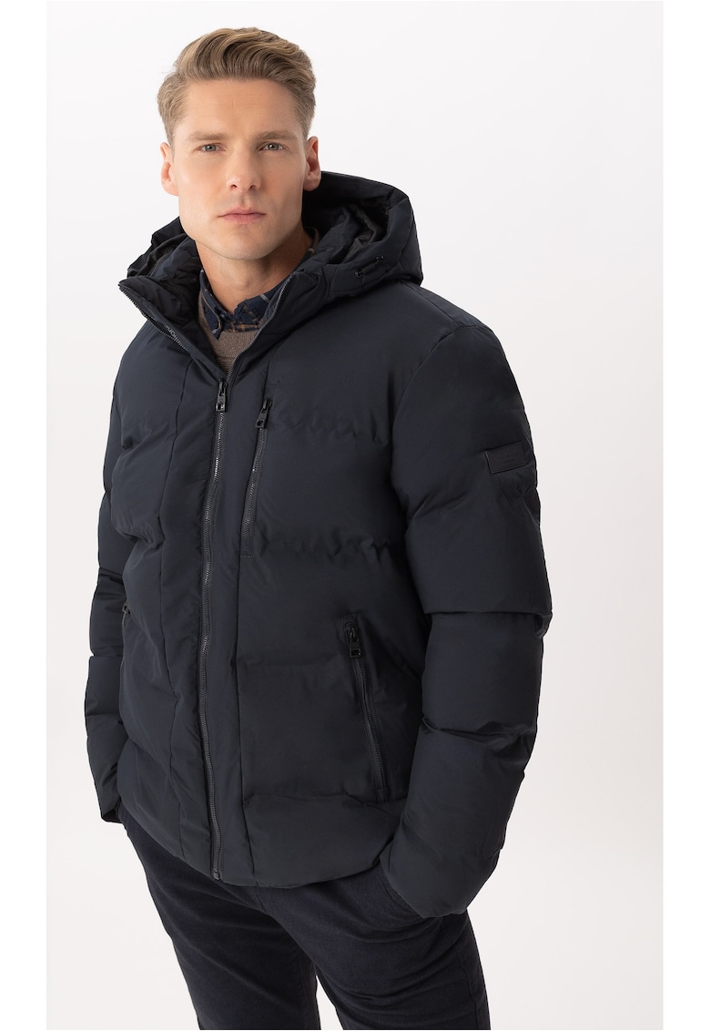 Geaca matlasata cu gluga detasabila - buzunare cu fermoar - J-Turix - Albastru marin