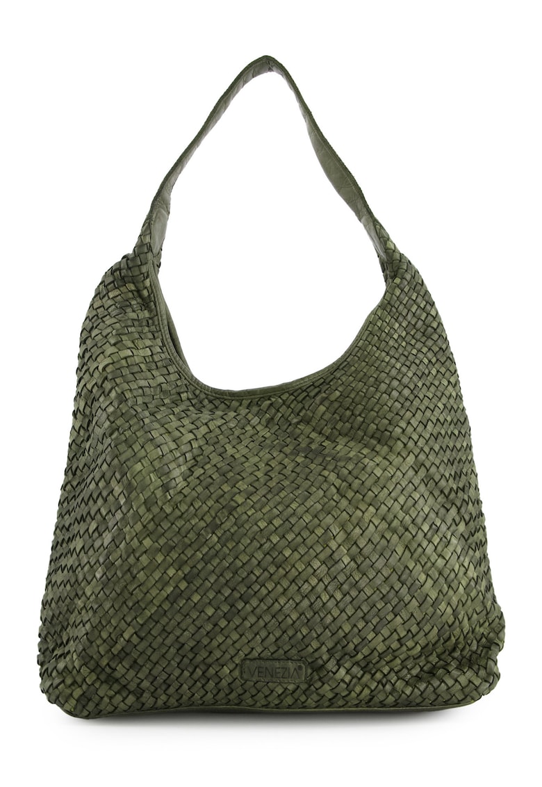 Geanta shopper din piele naturala - verde - 35x43x12cm - cu 3 buzunare interioare - manere de 41cm