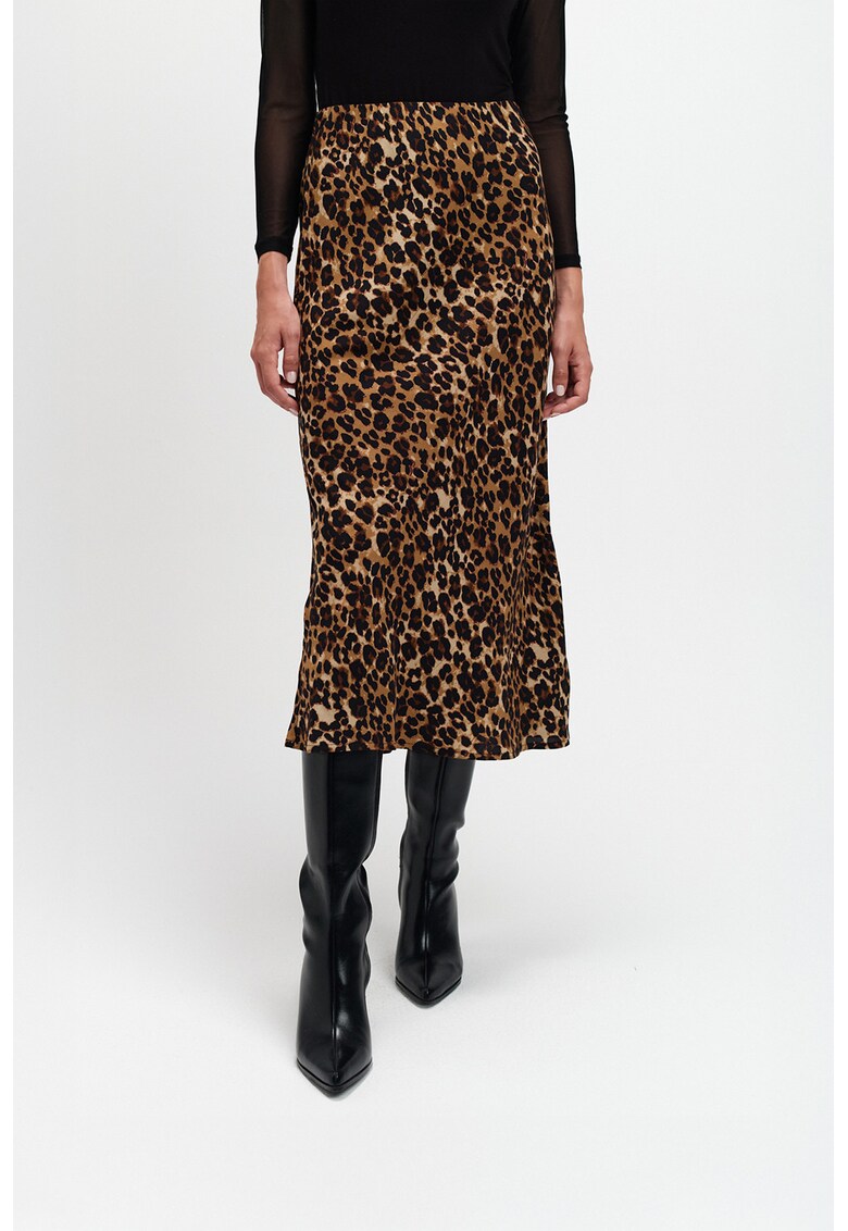 Fusta midi cu animal print - Negru/Maro