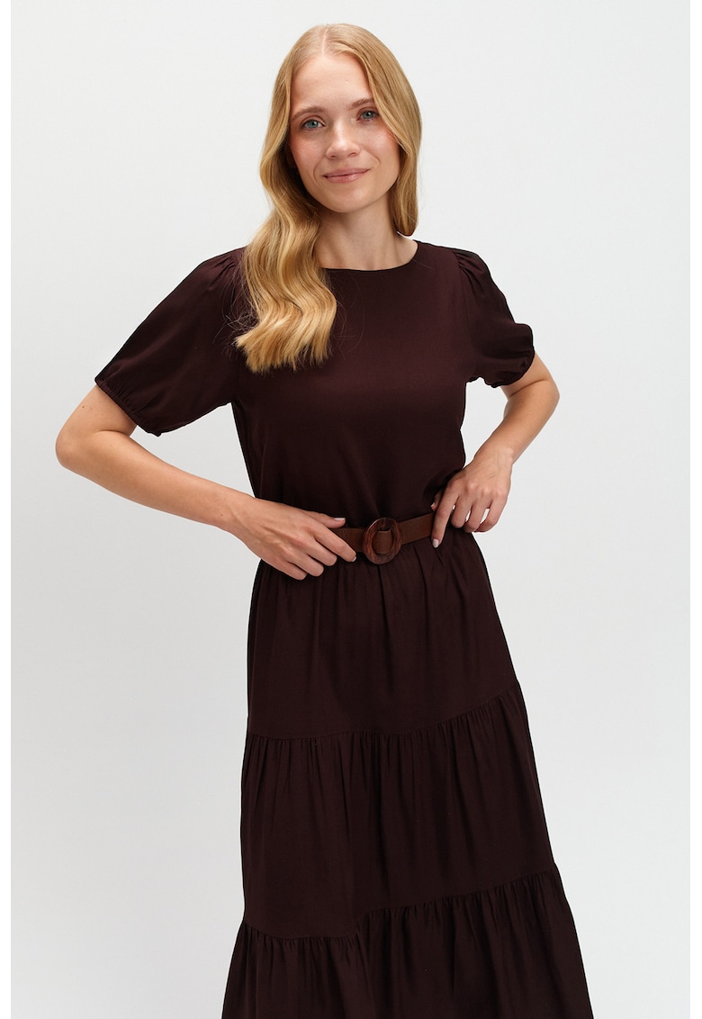 Rochie evazata cu maneci scurte - Maro cognac
