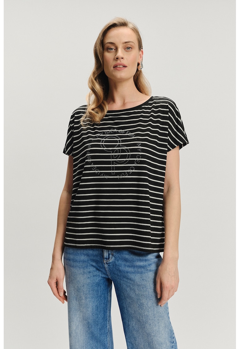 Tricou cu dungi si strasuri - Alb/Negru