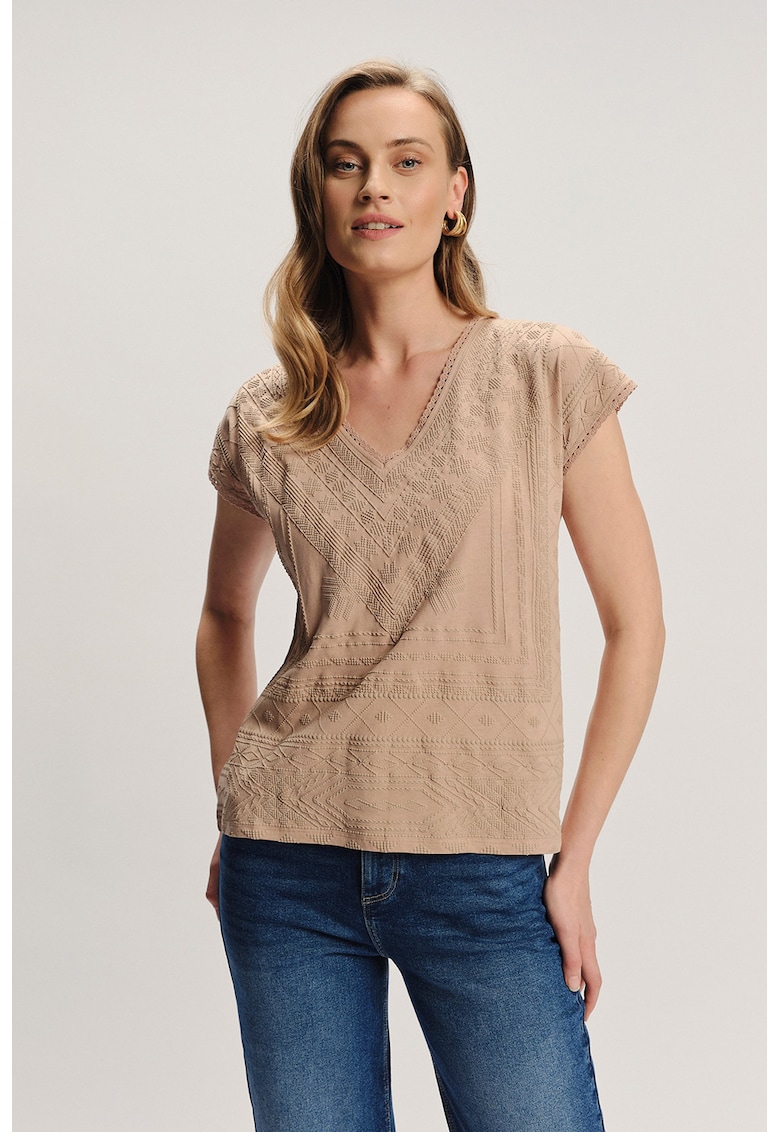 Tricou texturat de bumbac cu decolteu in V