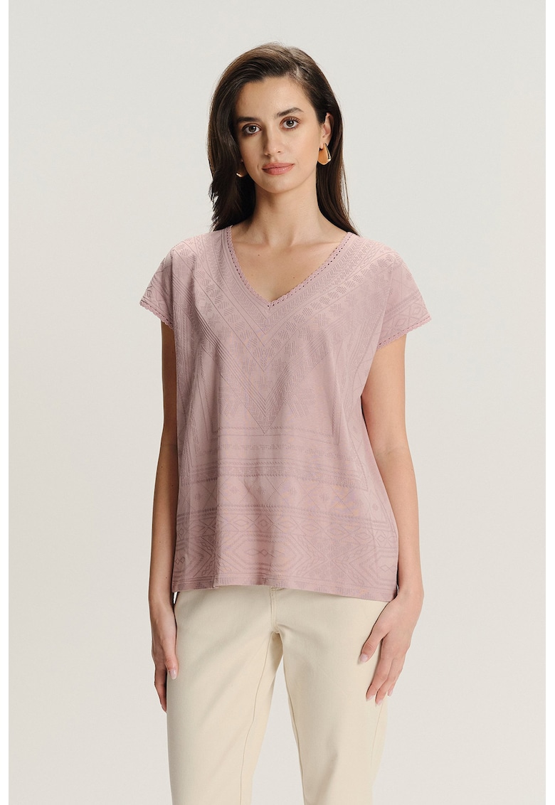 Tricou texturat de bumbac cu decolteu in V