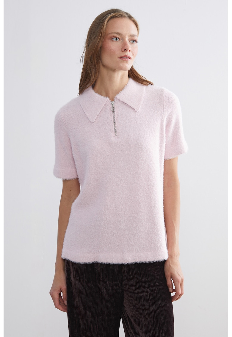 Pulover polo pufos cu maneci scurte si fermoar scurt