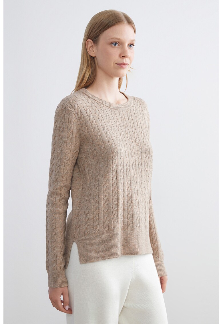 Pulover cu model torsade - Bej inchis