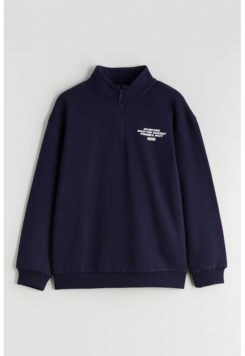Bluza de trening cu fenta cu fermoar si imprimeu text
