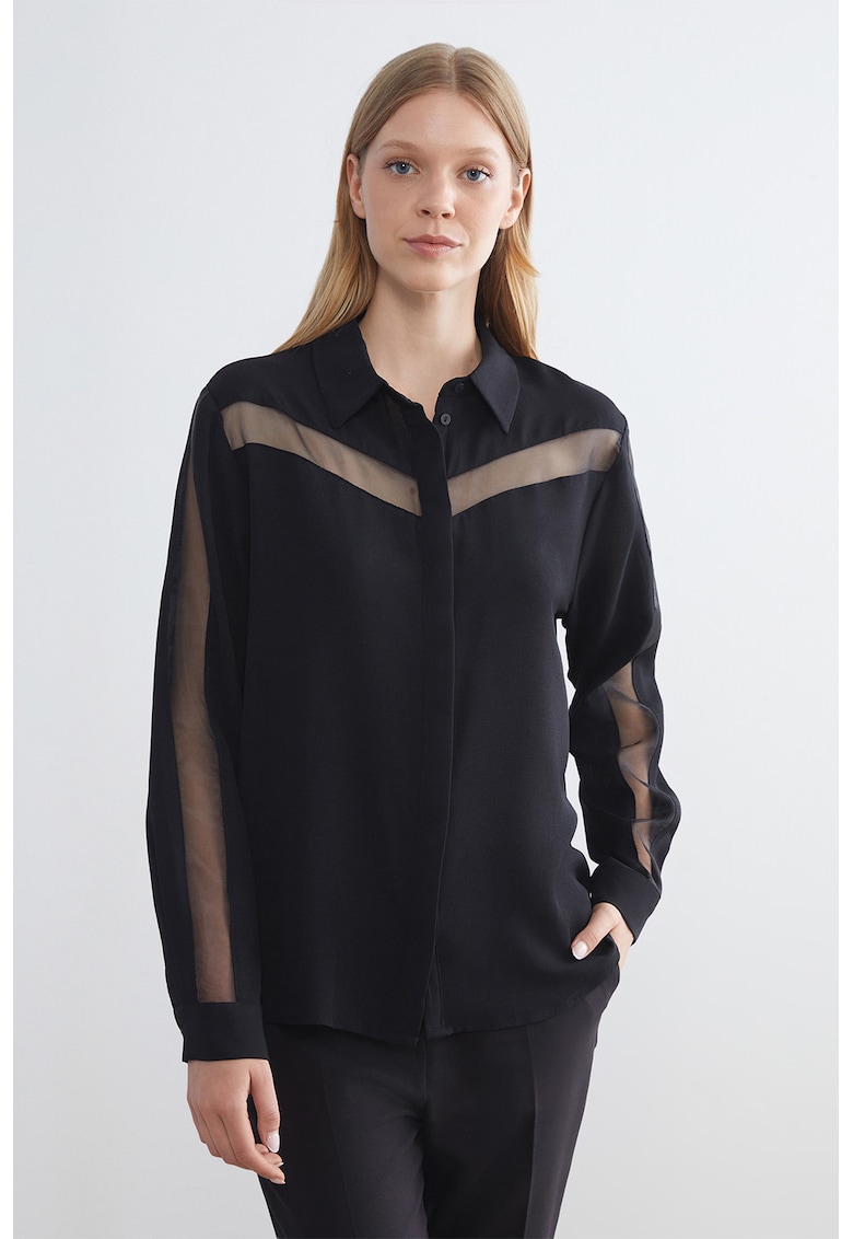 Camasa cu maneci lungi si segmente transparente - Negru