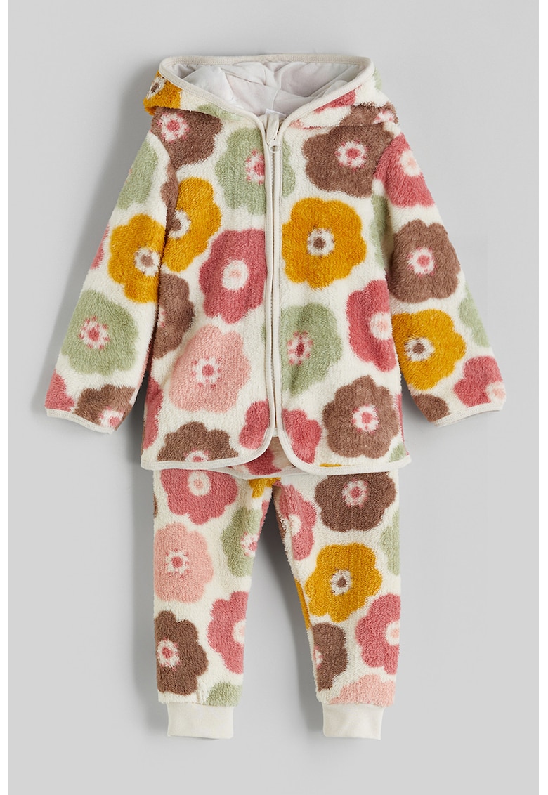 Set de hanorac din material fleece si pantaloni cu model floral - 2 piese