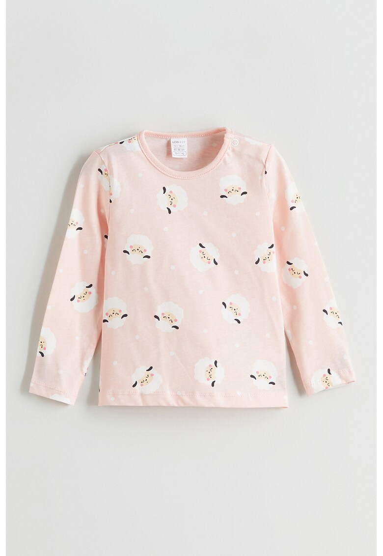 Bluza din bumbac cu decolteu la baza gatului - Alb/Piersica