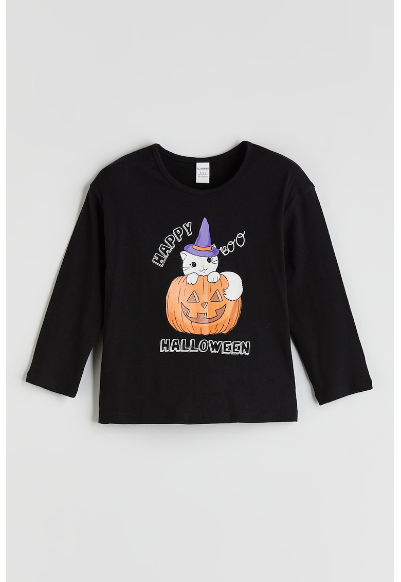 Bluza cu decolteu la baza gatului si design grafic - Alb/Negru/Portocaliu