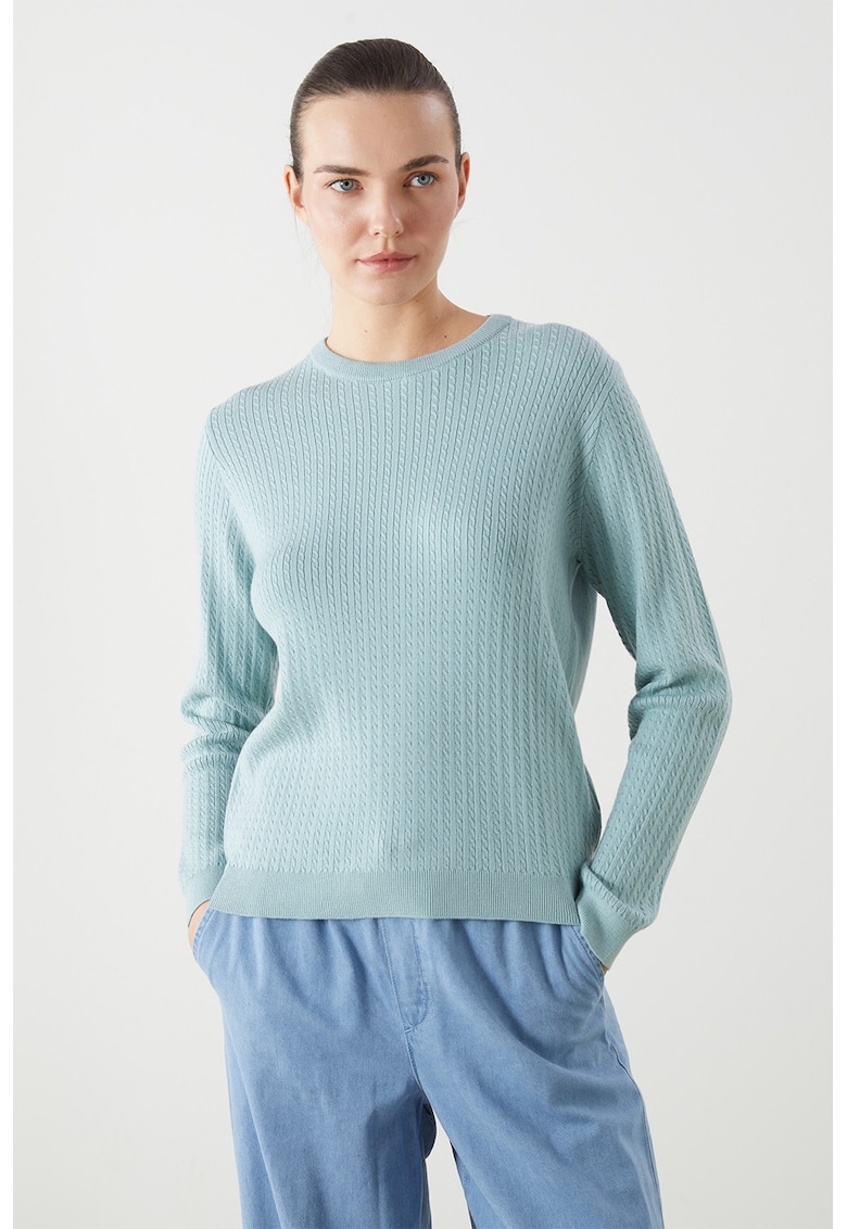 Pulover cu decolteu la baza gatului si model torsade - Verde pal