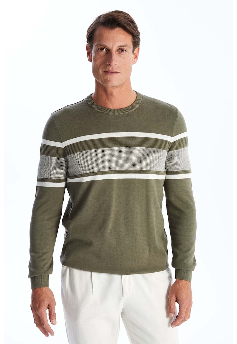 Pulover din bumbac cu model in dungi - Alb/Kaki