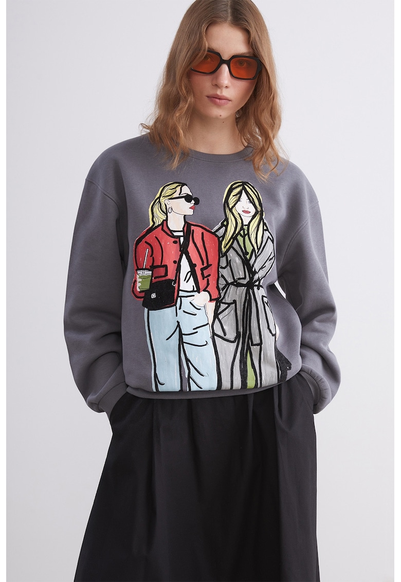 Bluza de trening cu imprimeu si maneci cazute - Gri antracit