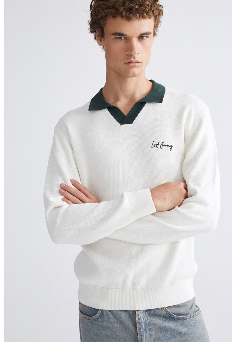 Pulover polo de bumbac - Alb/Gri