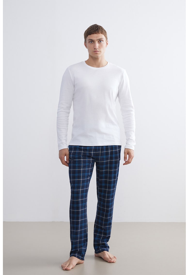 Pantaloni de pijama in carouri cu snur - Alb/Bleumarin