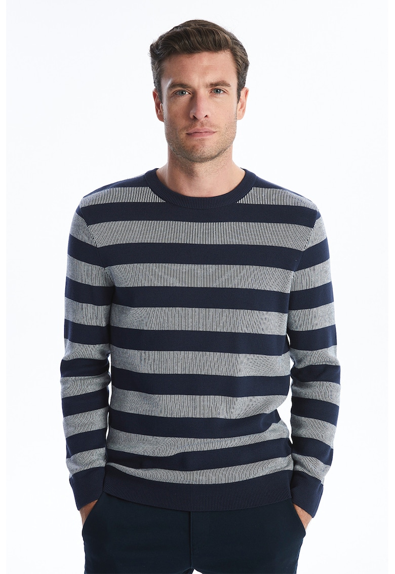 Pulover cu decolteu rotund si model in dungi - Alb/Bleumarin