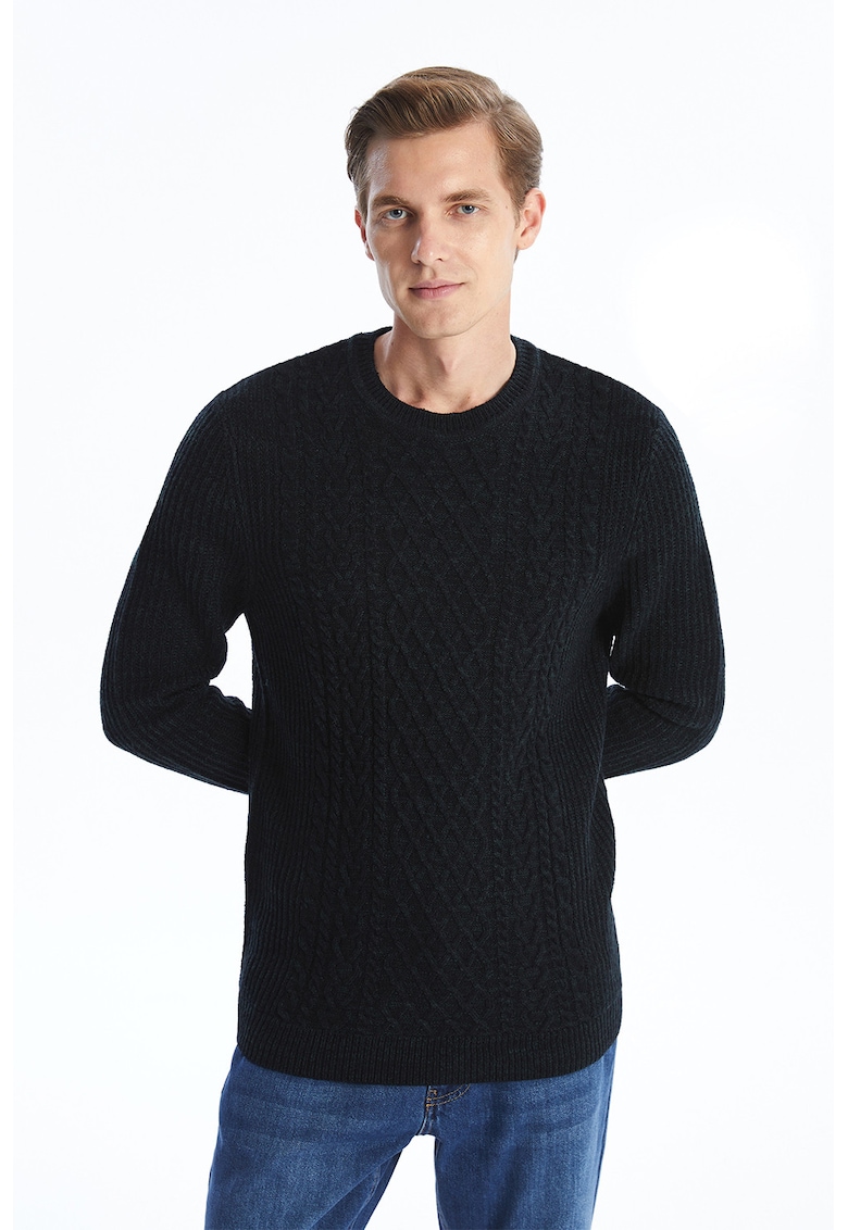 Pulover cu decolteu la baza gatului si model torsade - Albastru ultramarin