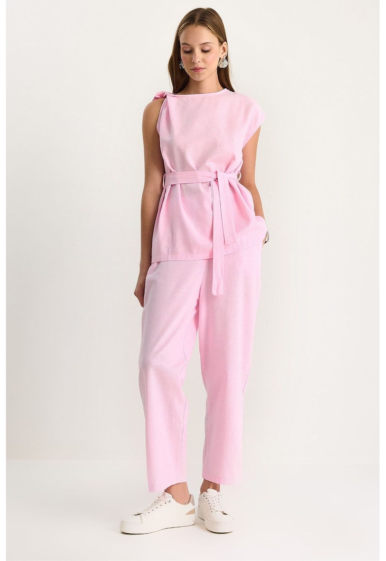 Set bluza scurta si pantaloni din bumbac texturat - roz pudra