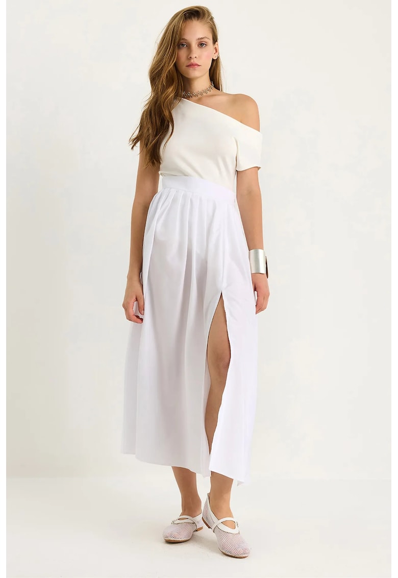 Fusta maxi cu talie inalta si slit - alb - textil