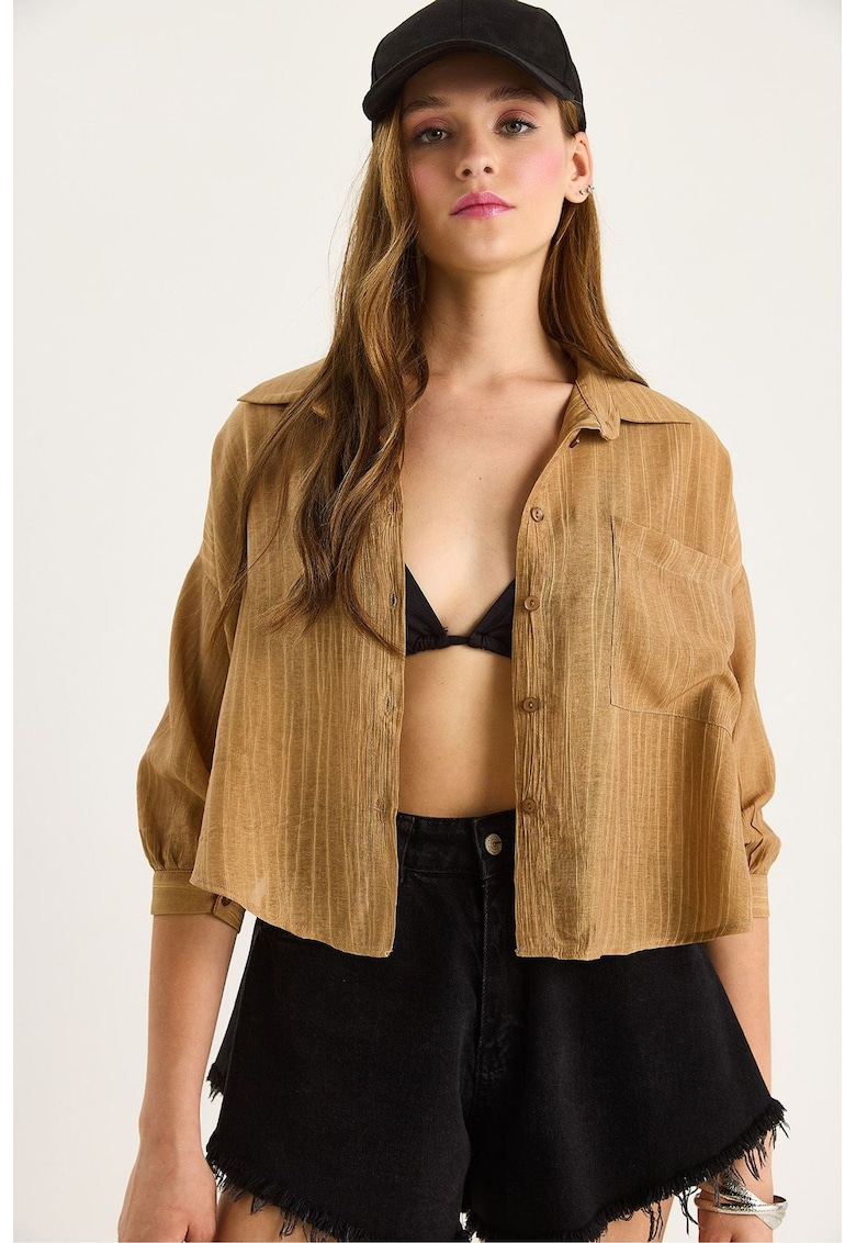 Camasa scurta dama - cu dungi - textil - maro camel