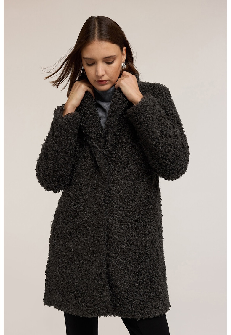 Palton din material teddy cu revere decupate - Negru