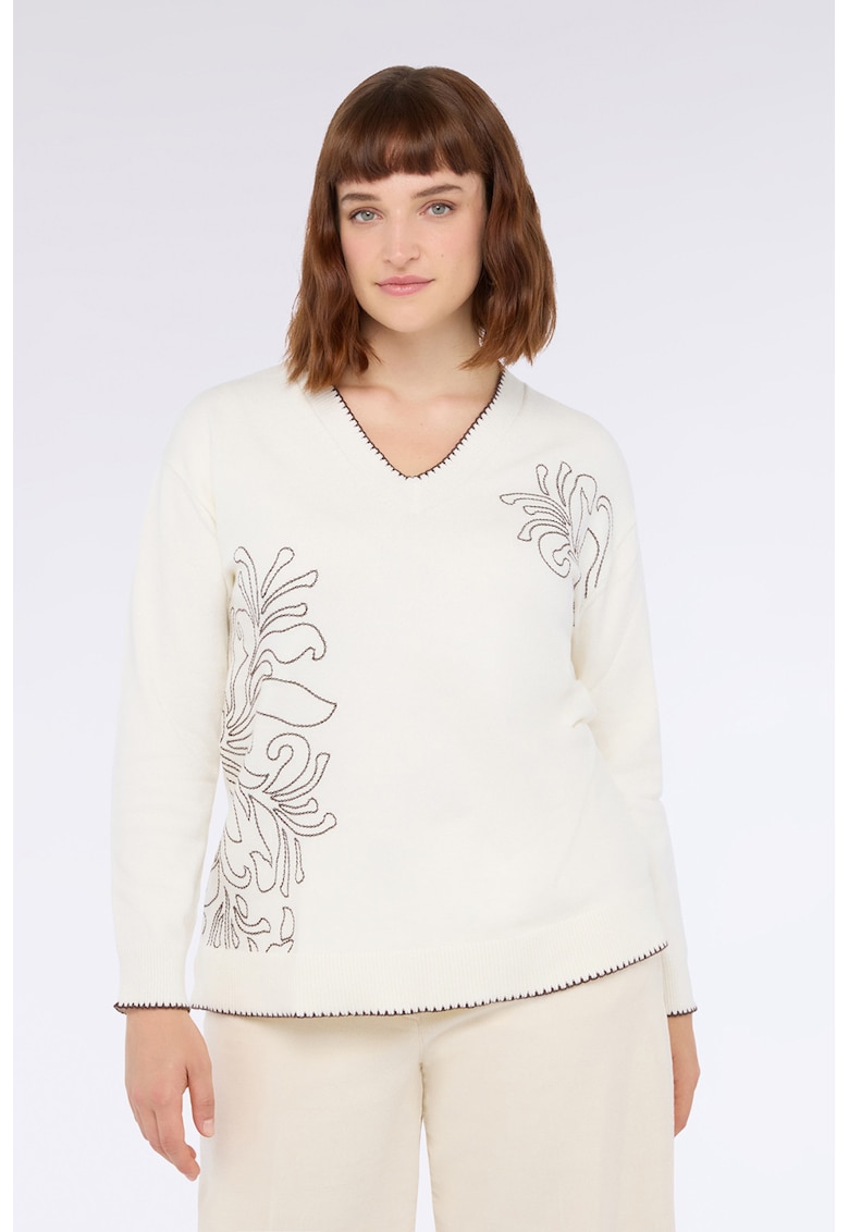 Pulover cu decolteu in V si broderie - Alb murdar