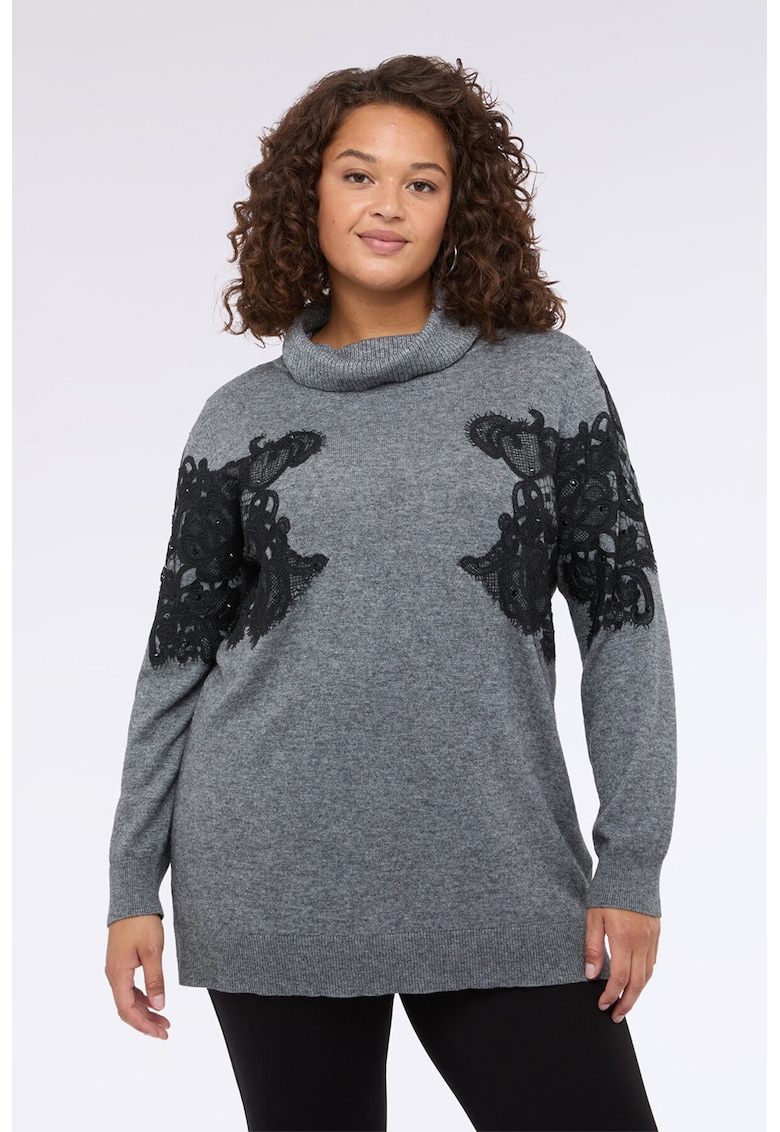 Pulover din amestec de lana cu garnituri din dantela
