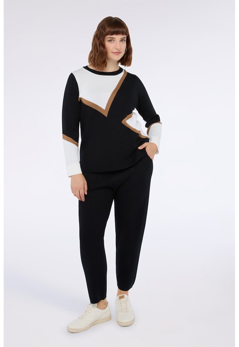 Pulover cu decolteu rotund - Alb/Negru/Maro camel