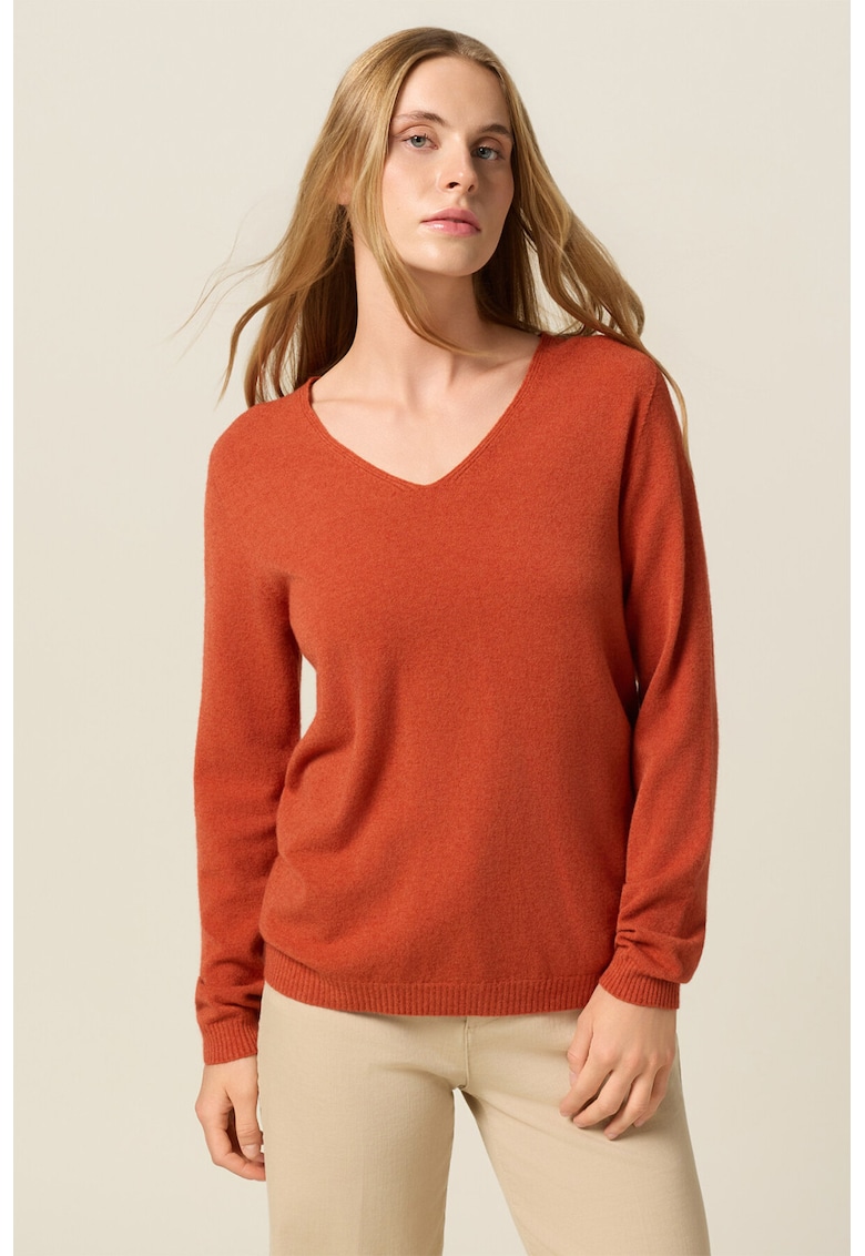 Pulover slim fit cu decolteu in V - Portocaliu inchis