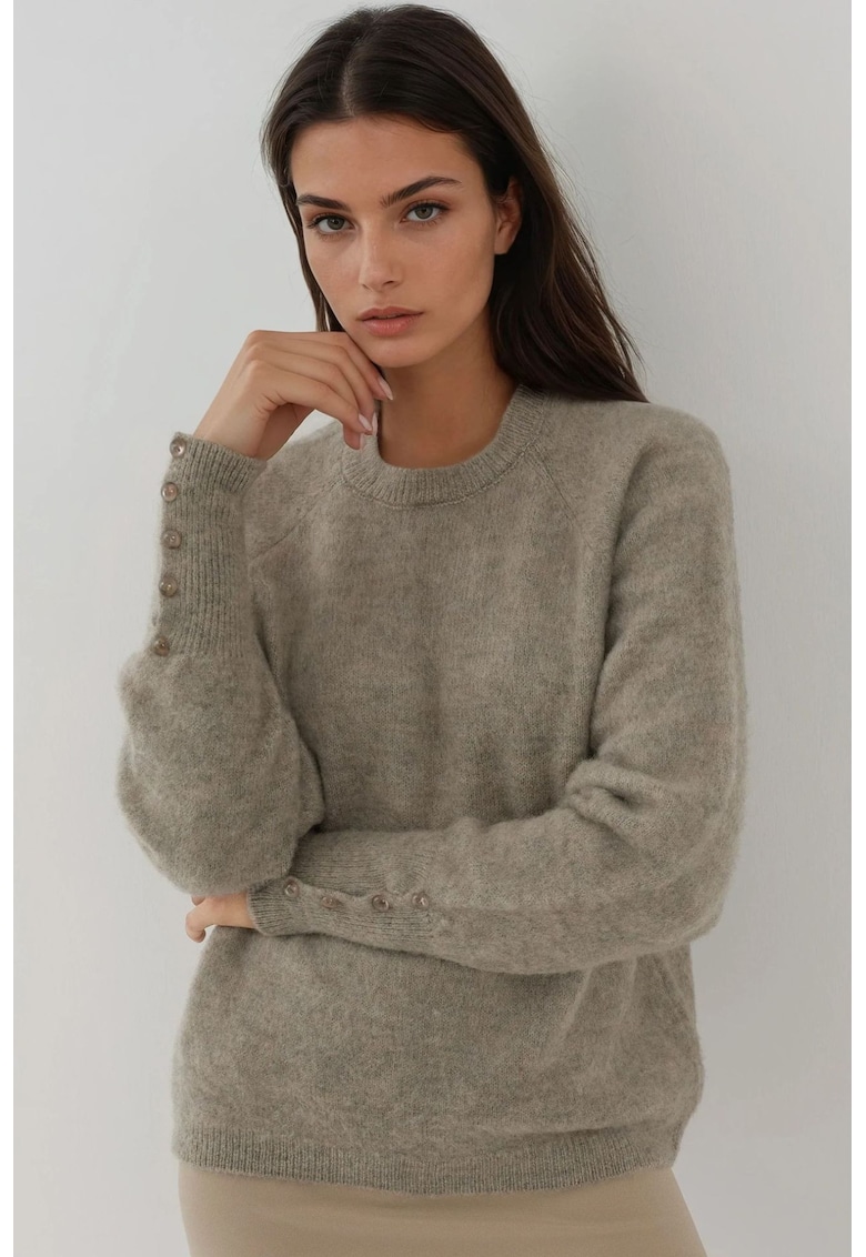 Pulover dama - cu maneca lunga - detalii nasturi - tricot - Gri deschis -
